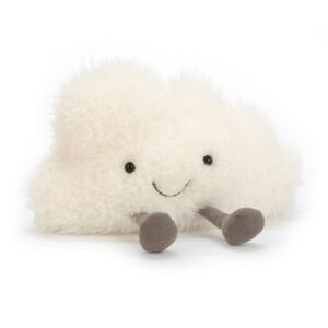  fuzzy white cloud-shaped plush toy with a smiling face, black eyes, and two small gray legs. 